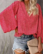 2023 New European and American Cross Boder Spring/Summer/Autumn V-neck Casual Shirt Printed Lantern Sleeve Top Women's W - Image 2