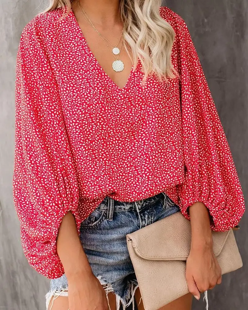 kf-Sa4e6bc0afeb44fe88fe3adafbbd84bffF 2023 New European and American Cross Boder Spring/Summer/Autumn V-neck Casual Shirt Printed Lantern Sleeve Top Women's W - Image 1