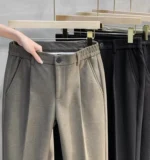 Men's Woolen Straight Leg Slim Fit Casual Pants Thiened Autumn Winter Faion Trendy Long Trousers Korean Sle Nine Points