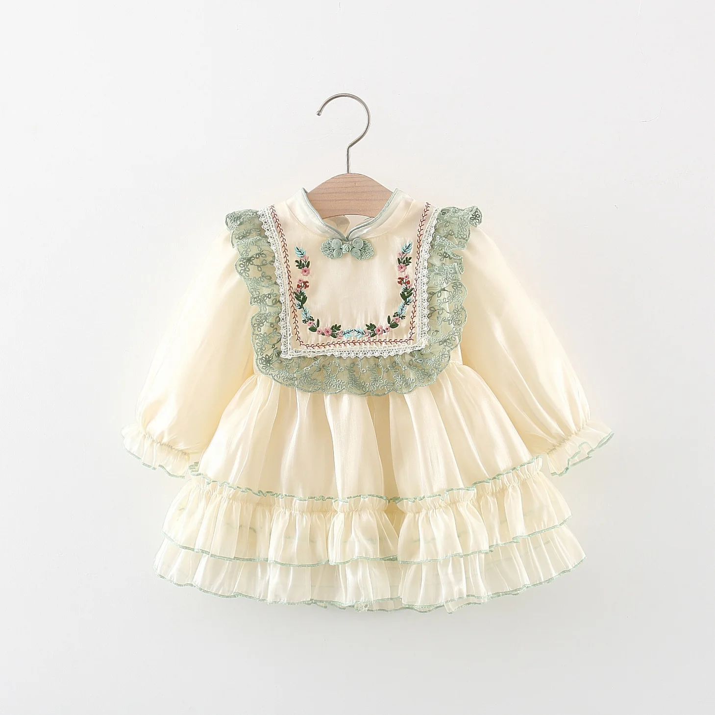 kf-Sbdcb3c99842d47f3a2b1e69430e27fb9H Girls' Autumn Long sleeved Lace Lace Princess Dress with Embroidered Pan Button Chinese Style Baby Dress - Image 1