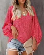 2023 New European and American Cross Boder Spring/Summer/Autumn V-neck Casual Shirt Printed Lantern Sleeve Top Women's W - Image 4