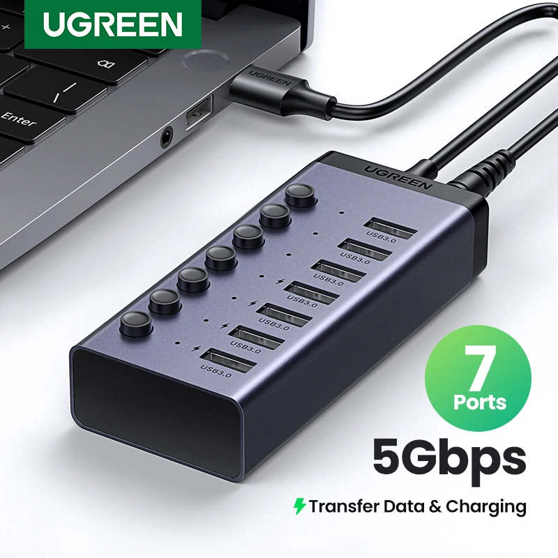 kf-S4e30c6522dfb40ceb2bb24a7347dfc28s UGREEN USB HUB 7 Ports USB3.0 Splitter 5Gbps with Individual Switch Power Adapter for PC Laptop USB Ports Extender USB-C Docking - Image 1